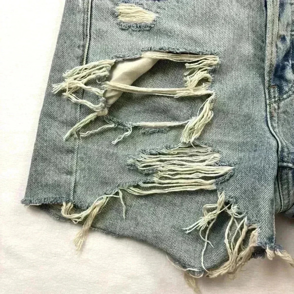 American Eagle ButtonFly Highrise Bleach Fade Distress Fray Denim Shorts Size 00 - Picture 5 of 15